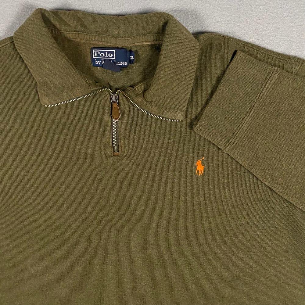 Polo Ralph Lauren Mens XL Quarter Zip Pullover Olive Green Cotton Sweater Orange